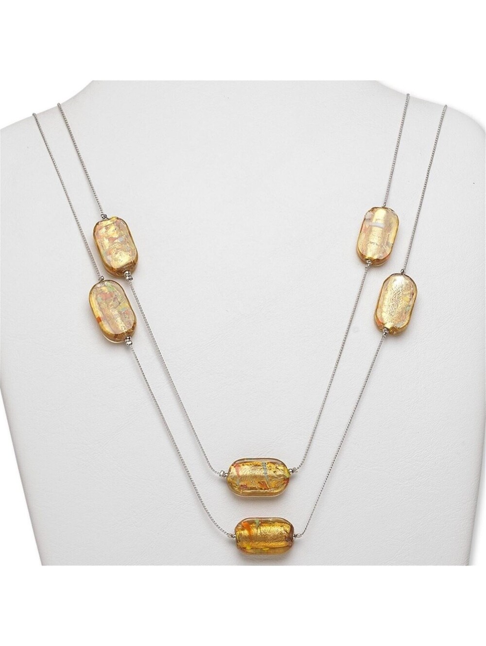 Amber Yellow Confetti Murano Lampwork Glass 55" Long Single Strand Necklace
